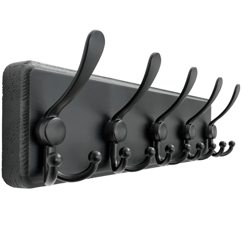 Dseap Coat Rack Wall Mounted - 5 Tri Hooks, Heavy Duty, Wooden Wall Coat Hanger Coat Hook for Clothes Hat Jacket Clothing, Black - Image 1